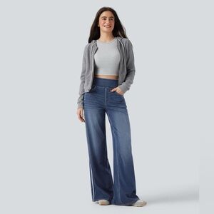 Nwt Halara Flex™ High Waisted Stripe Wide Leg Flowy Washed Casual Jeans wPockets